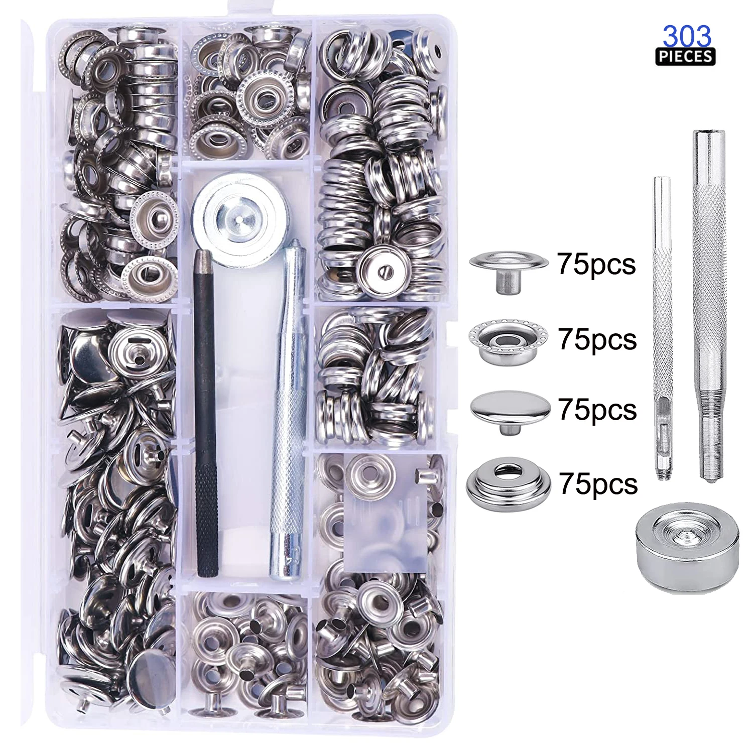 303/203/103pcs 15mm Snap Kit Marine Grade Snap Fastener Stainless Steel Snap Buttons for Boat Cover,Sewing Leather,Tent,Clothes