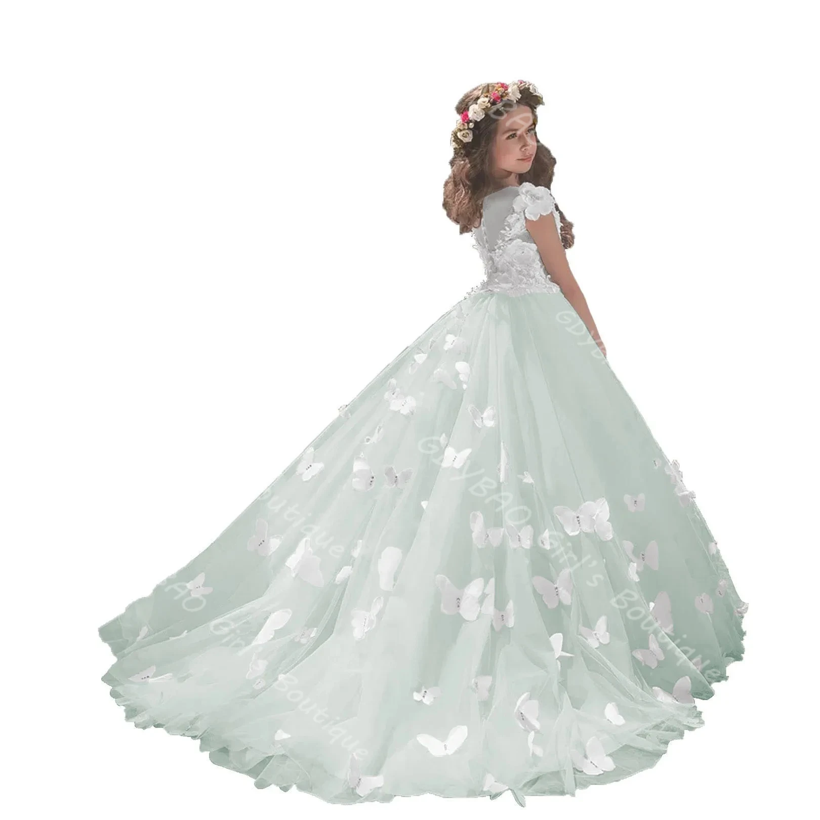 2025년 웨딩 나비 공주 대회 레이스 아플리케 맞춤형 키즈 첫 영성체 드레스 롱 볼 가운 플라워 걸 드레스