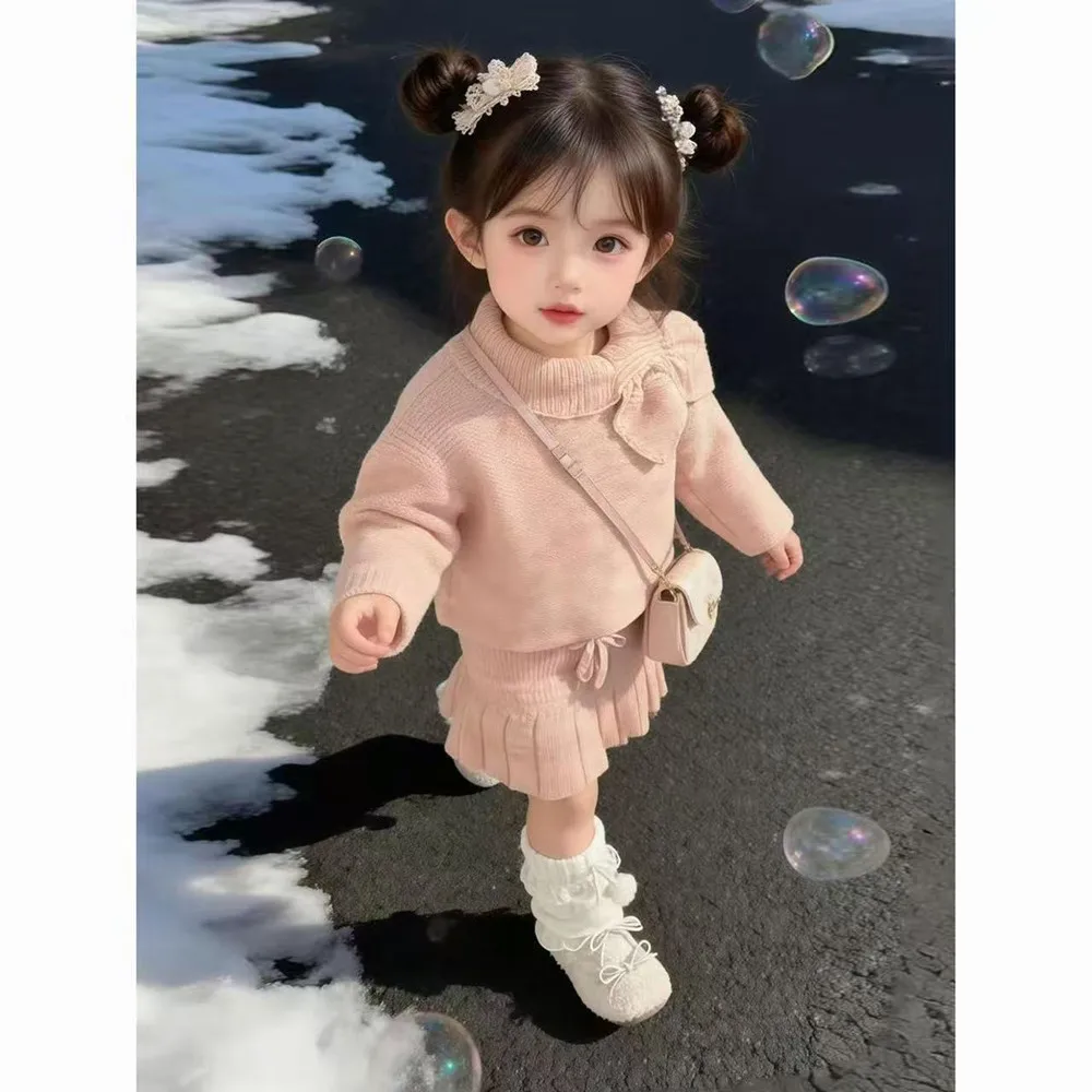 2026 New Girls Heart Bow Knitted Sweater Set Autumn Winter Kids Pink Pullover Top + Skirt Pants 2 Piece Outfit Children Clothing