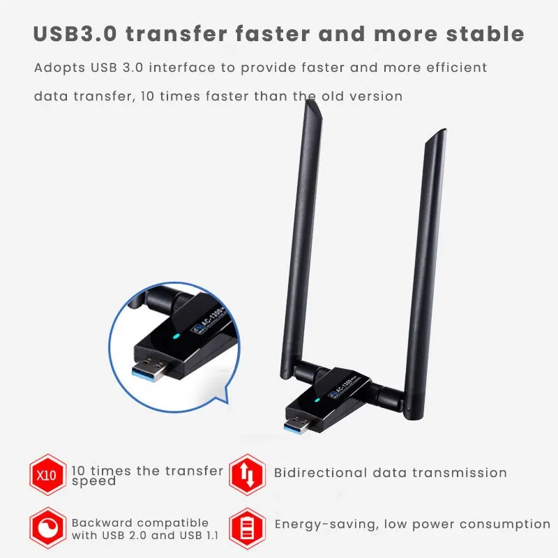 Wi-Fi Adapter USB 3.0 Network Card AC1200 2.4G/5G High Gain External Antenna Wifi Dongle For PC 4 Modes Widely Compatible