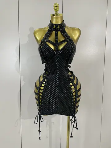Sexy Black Leather Hollow Out Gothic Bandage Halter Short Dress Women Gogo Dance Singer Nightclub Bar Performance Stage Wear