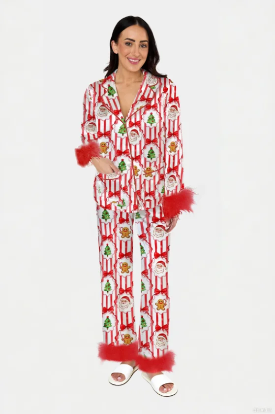 

Женский рождественский пижамный комплект из двух предметов, рубашка с длинными рукавами и бантом + брюки, комплект одежды для дома