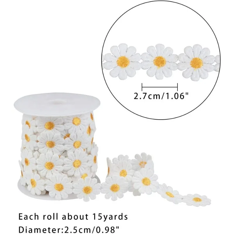 1 Roll 7 Yards Lace Daisy Flower Edging Trim Ribbon 1 inch Wide Polyester Flower Ribbon Appliques with Plastic Spool Sewing