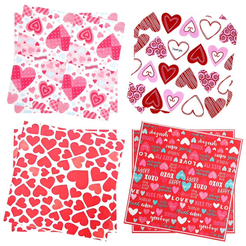 20/40/60/100/200pcs Valentine's Day Theme Disposable Napkins Red Love Heart Pattern Girls Birthday Party Wedding Decor Supplies