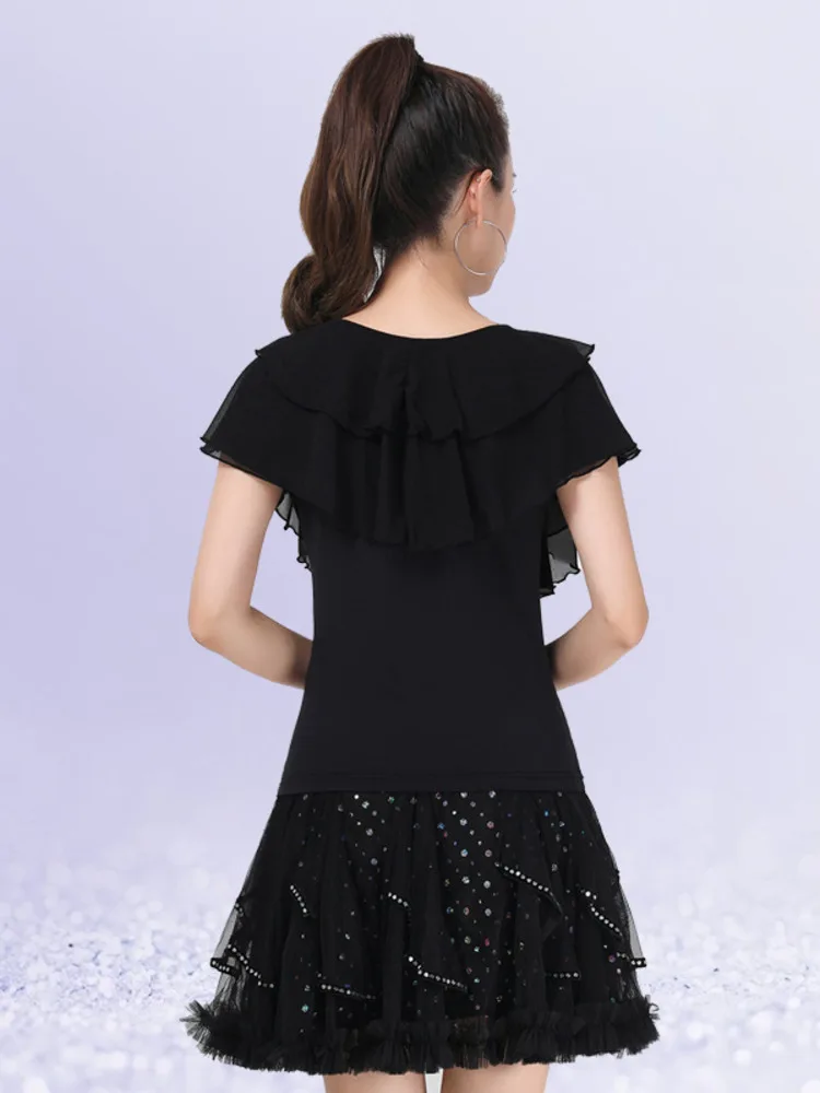 Mesh Patchwork Ballroom Standard Dance Skirts Latin Girls Rhinestones Korean Style Clothing Women Classical Ruffle Tops