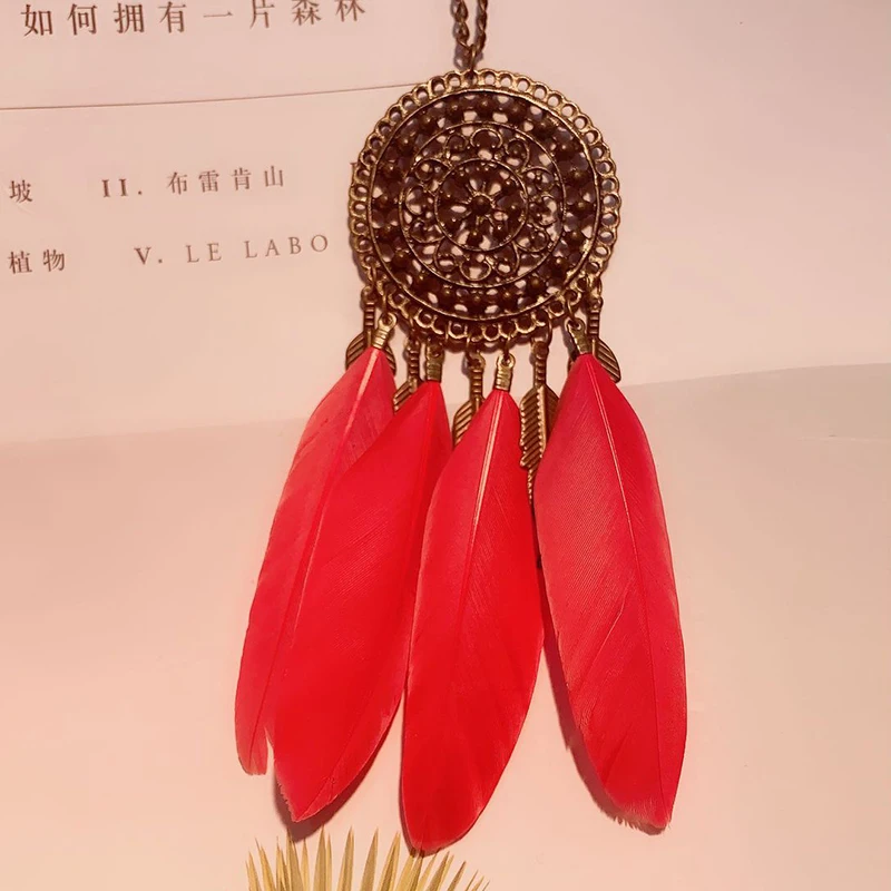 Boho Chain Long Feather Necklace For Women Metal Tassel Geometric Hollow Round Antique Bronze Color Vintage Necklaces Jewelry