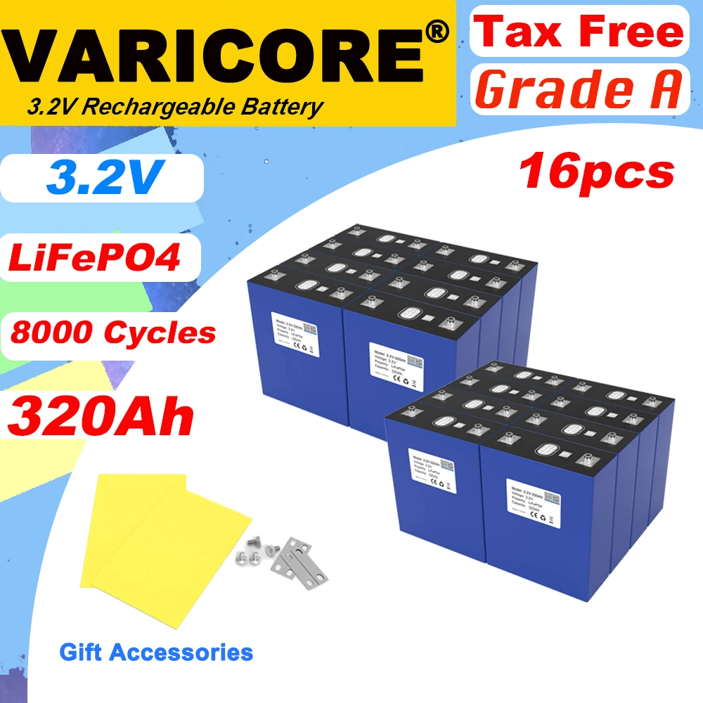 

16x 3.2V 320Ah Lifepo4 Battery Lithium Iron Phosphate Cell for 4s 8s 12v 24v Travel Solar RV Campers batteries Grade A Tax Free
