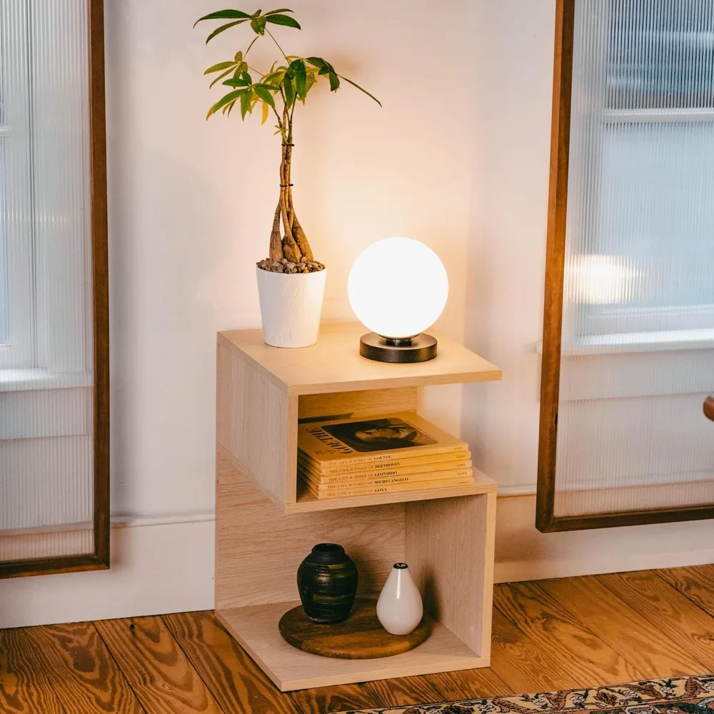 S Minimalist 3 Tier End Table - for Small Spaces with Open Storage - Japanese-Inspired Bedside Table for Bedroom (Natural)