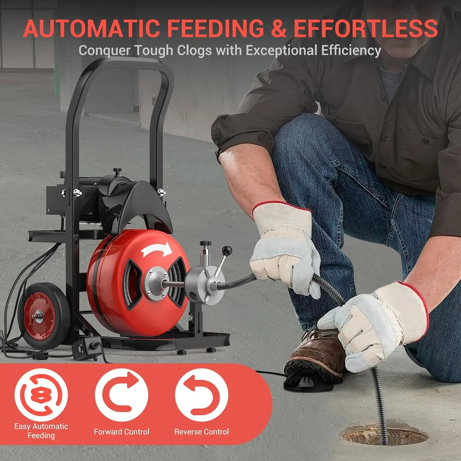 Tacleekii 75Ft X 1/2 Inch Electric Drain Snake 450W Auto Feed Drain Cleaner with Foot Pedal Hands-Free Control,Clears Roots, Hair, Grease Clogs for Home & Commercial