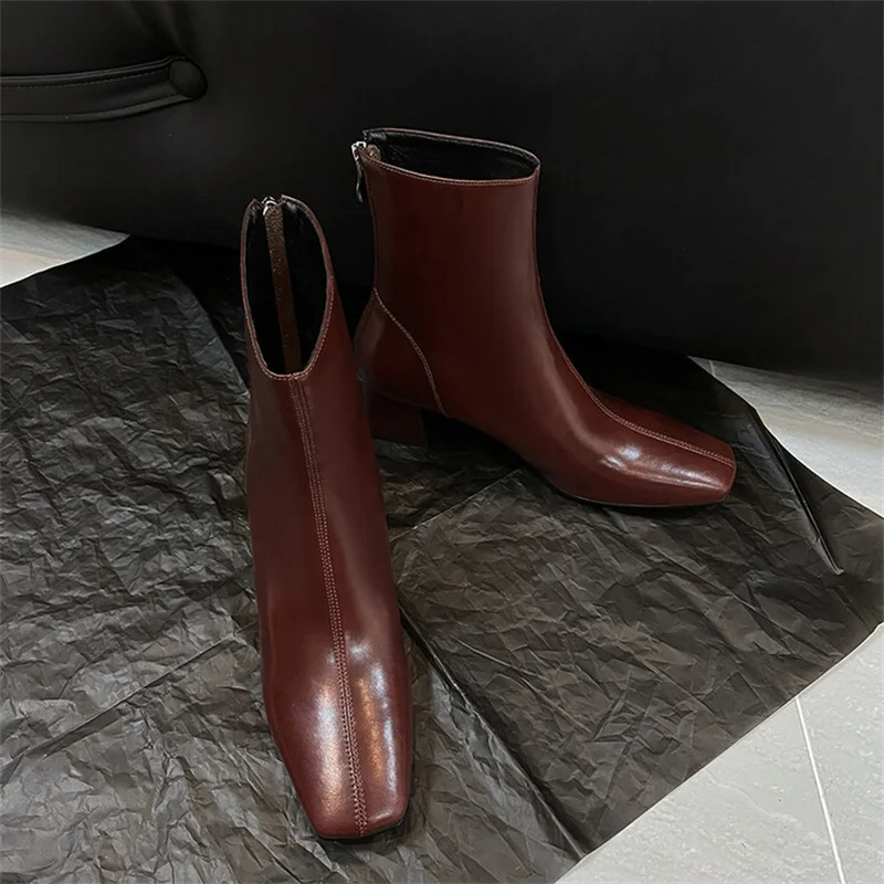 Genuine Leather Square Toe Boots Burgundy Chunky Heel Sewing Retro Design Apricot Mid Calf Botas Black Fashion Office Luxury New