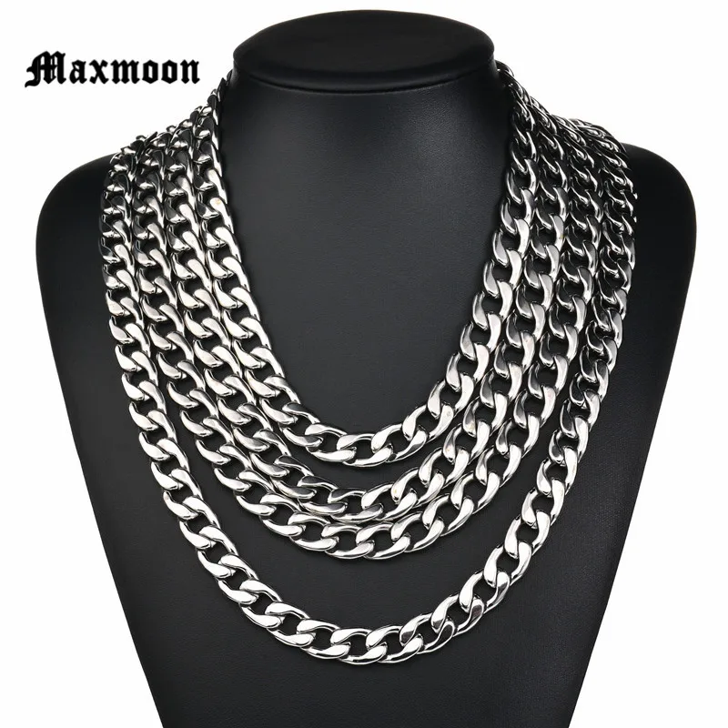 Maxmoon Never Fade 3mm/5mm/7mm/9mm/11mm Stainless Steel Cuban Chain Necklace Waterproof Men Link Curb Chain Gift Jewelry