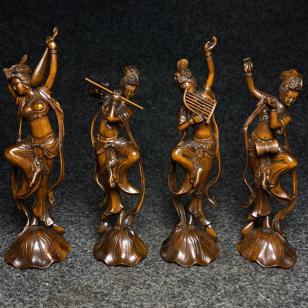 Old Classic Chinese Boxwood wood Carved Four Beautiful tone beauty Woman FeiTian Girl Belle Figure Statue Set Rare