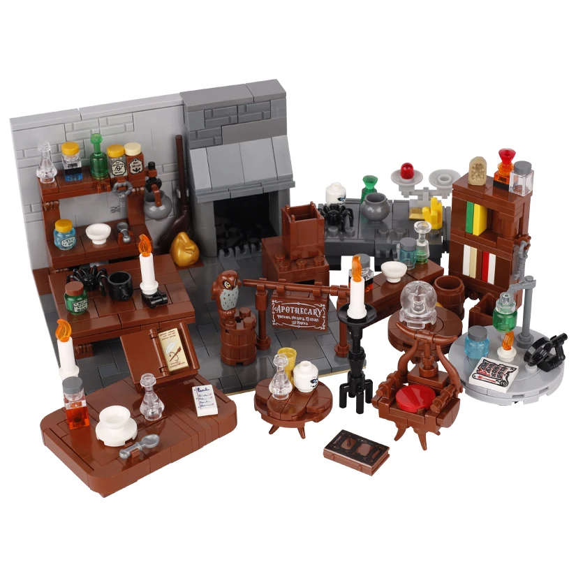 MOC Medieval Alchemy Room Building Blocks Potion Refine Workbench Witches Workroom Furniture Jar Bricks Toys Kids Gift