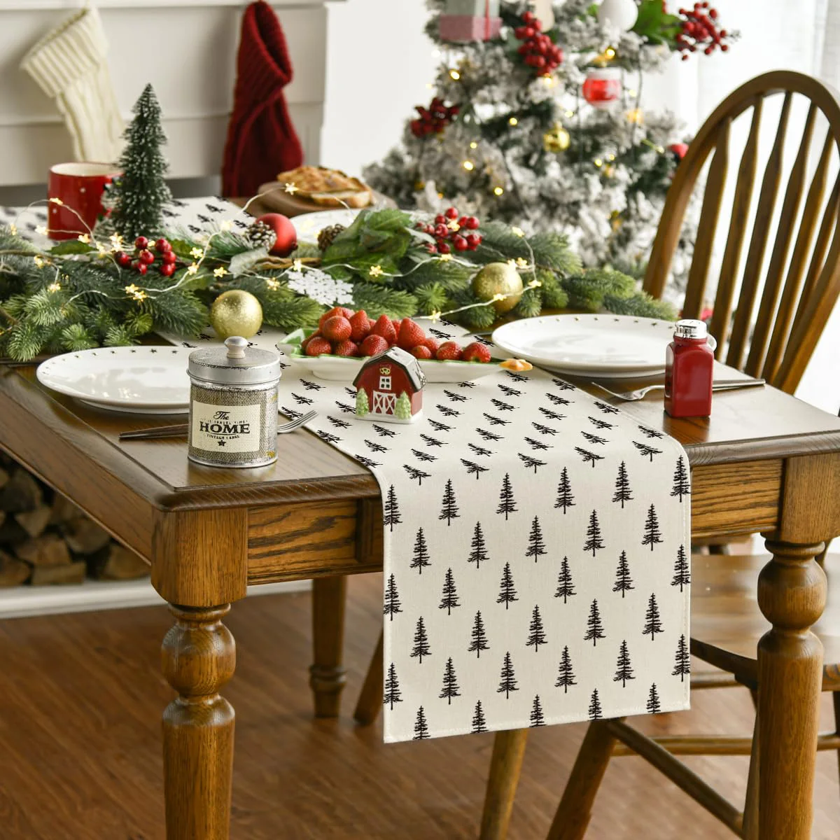 Xmas Tree Christmas Table Runner, Seasonal Winter Kitchen Dining Table Decoration for Home Party Decor