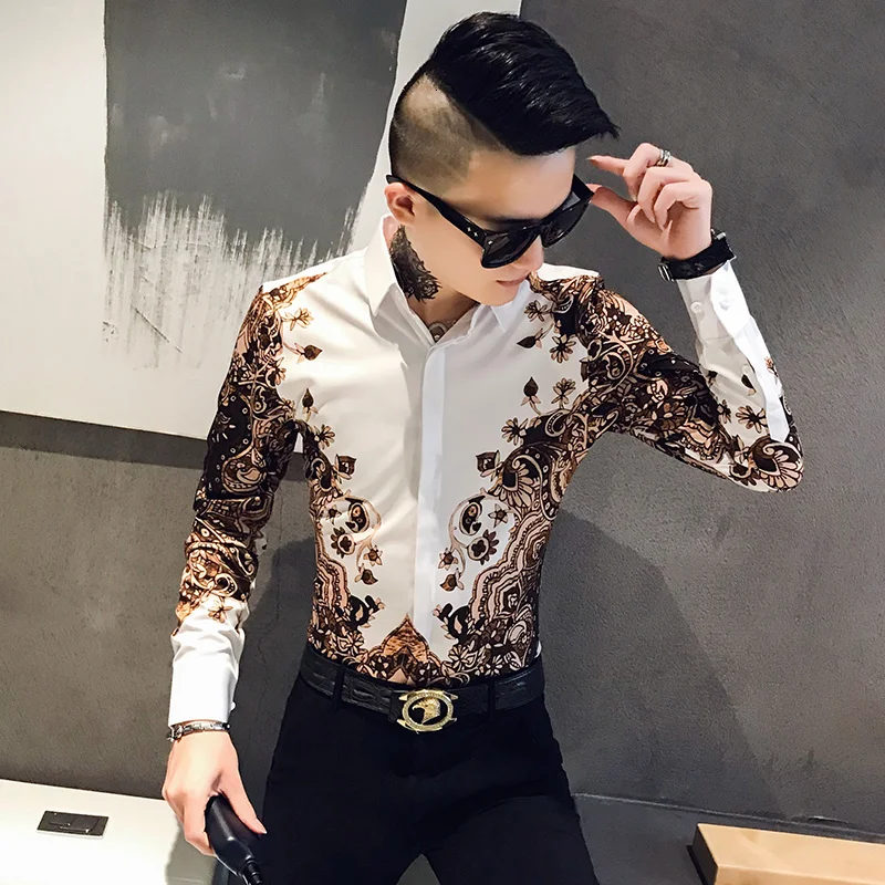 Digital Streetwear Print Slim Fit Party Tuxedo Shirt Casual Men 3XL-M Top Quality Men Shirt Autumn Long Sleeve Mens Dress Shirts