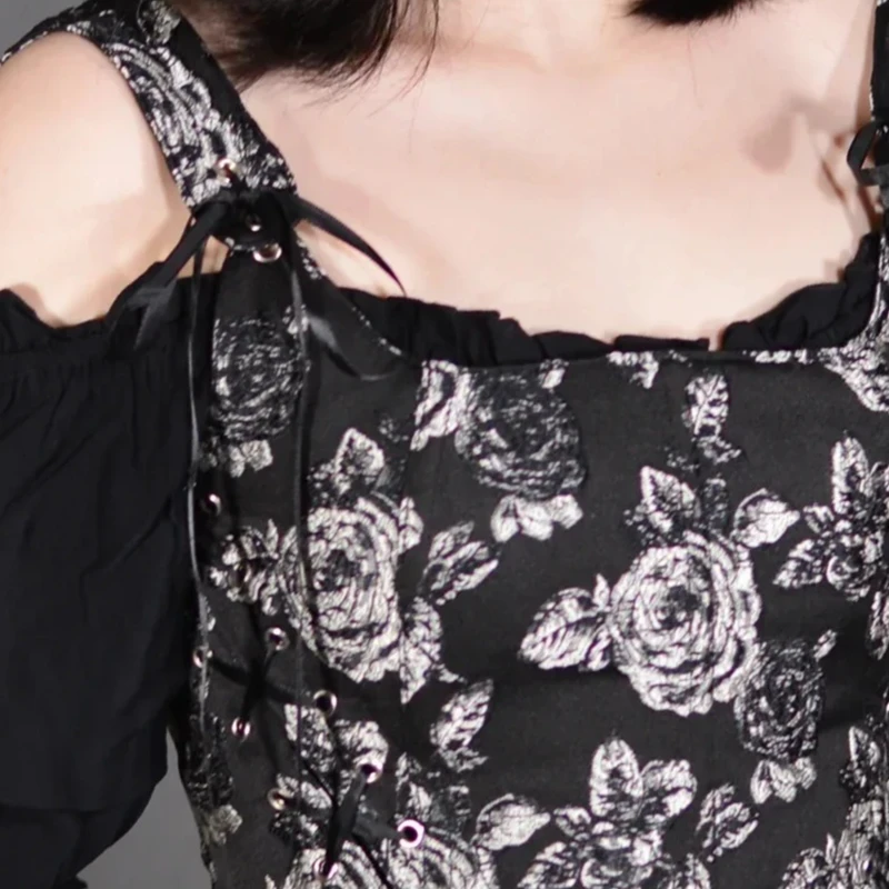 

Black Rose Embroidery Women Corset Straps Overbust Floral Jacquard Corselet Tops Gothic Steampunk Bustiers