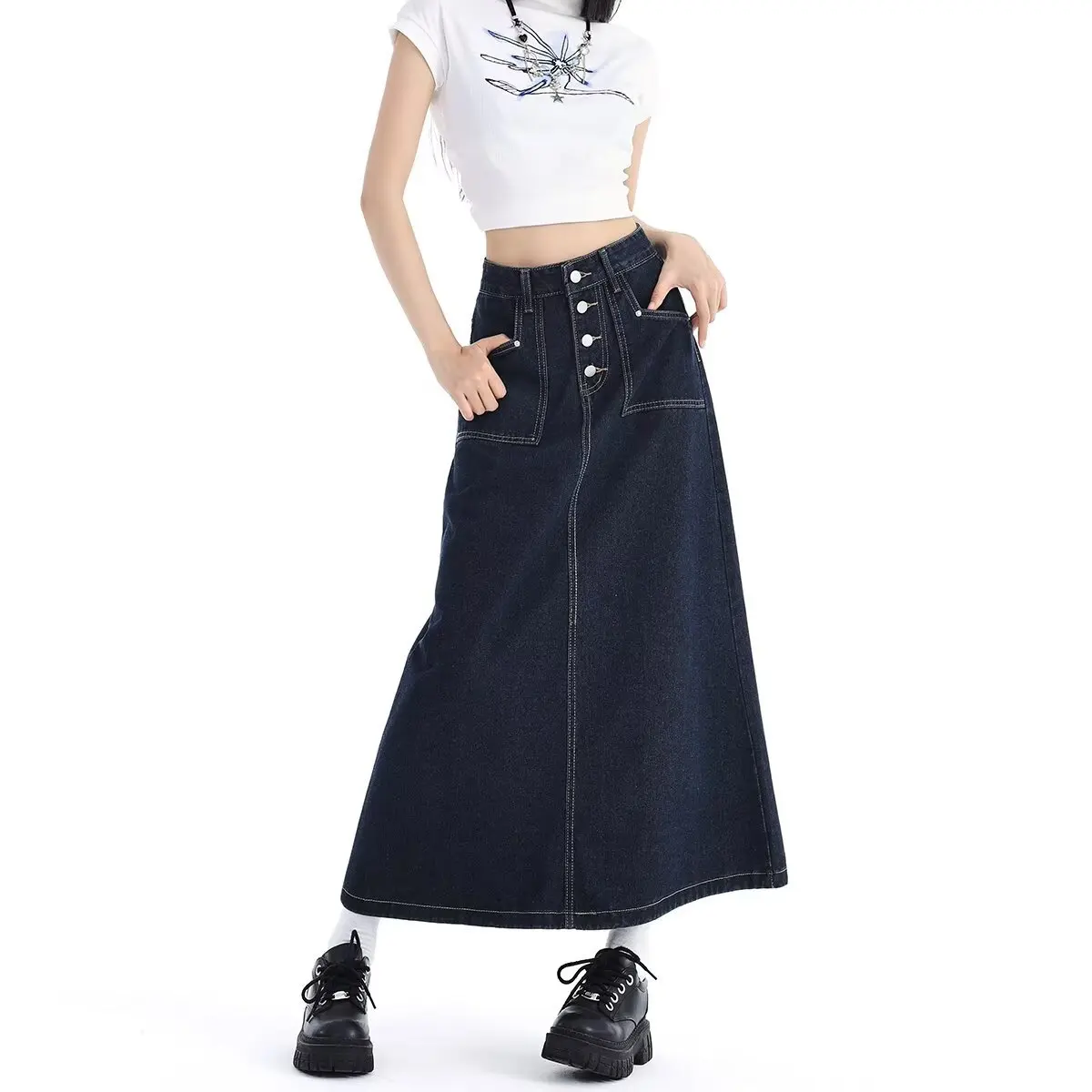 

Женская джинсовая юбка макси А-силуэта с высокой талией на пуговицах, весна-лето 2026, винтажный корейский повседневный уличный стиль