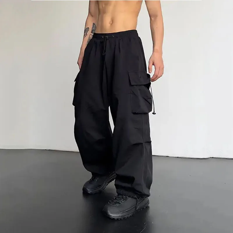 American High Street-Pantalon de parachute droit pour homme, monochromatique, taille élastique, poche, mouvement décontracté, jambe large, Cargo