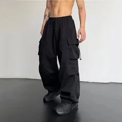 American High Street-Pantalon de parachute droit pour homme, monochromatique, taille élastique, poche, mouvement décontracté, jambe large, Cargo fjute, été