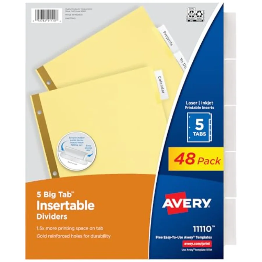 

Insertable Dividers for 3 Ring Binder 5-Tab Sets Clear Big Tabs Buff Paper with Gold-Reinforced Holes 48 Sets Total Great for O
