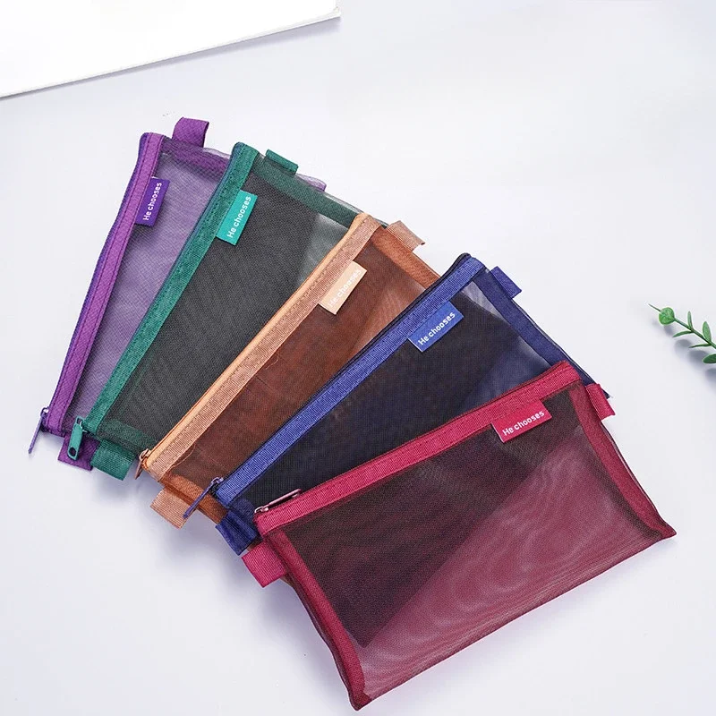 Mesh Cosmetic Storage Bag Simple Zipper Pencil Case Clear Stationery Bag Makeup Pouch Portable Travel Handbag Women Beauty Tools