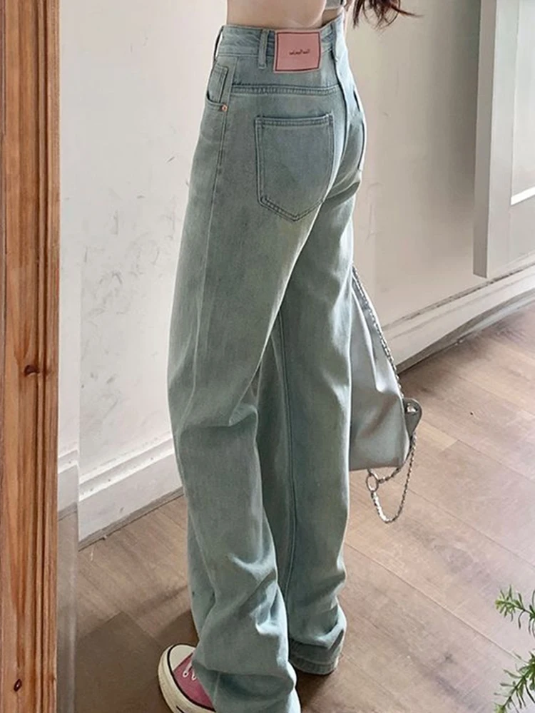 Ins 2024 Girls High Waist Summer Thin Straight Leg Jeans Female Light Blue Trashy Y2k 2000s Contrast Color Denim Wide Leg Pants