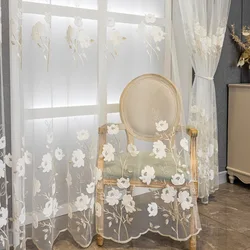 White Floral Embroidered Sheer Curtains Spring Light Gauze Curtains for Living Room Bedroom Home Decor Rideau