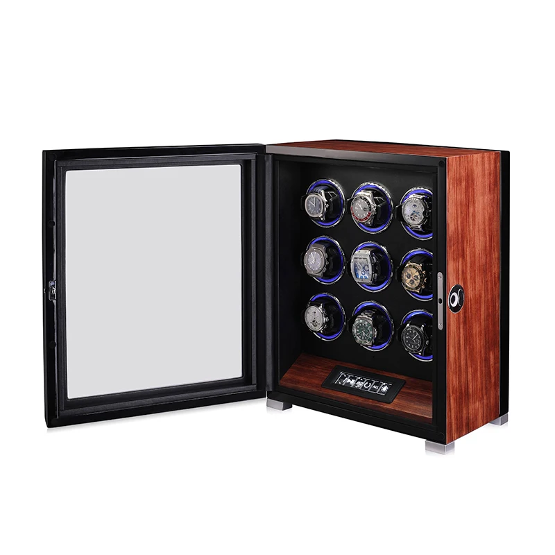 

Factory Price Fingerprint Lock Custom Made Luxury Walnut 9 Slots Watch Winder for Men's Automatic Watches