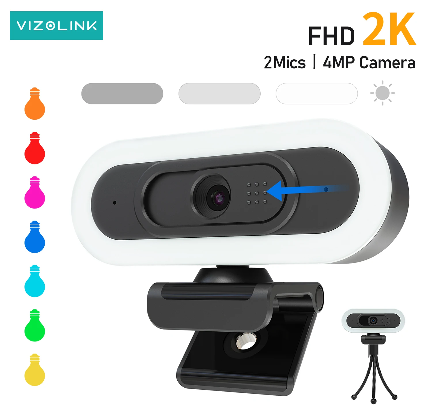 

Веб-камера VIZOLINK 2K/1080P с кольцевой подсветкой, микрофон с автофокусом, коррекция красочного света, кольцевое освещение, веб-камера для камеры ПК
