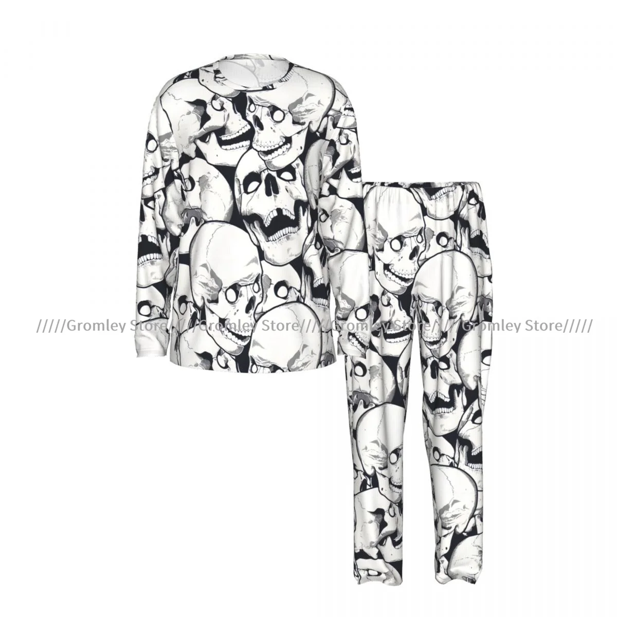 Monochrome Engraving Skulls Men's Pajama Set Long Sleeve T-Shirt and Long Pants Sleepwear Male Nightwear Home Suit