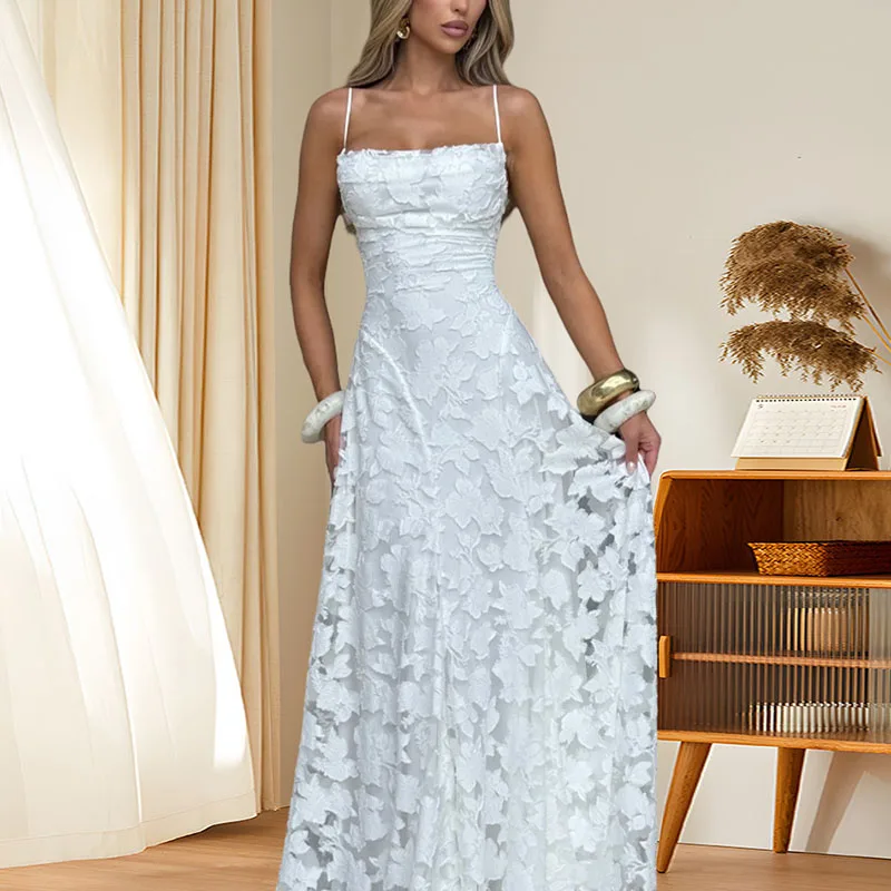 New Sexy Sleeveless Backless Boho Dress Elegant Jacquard Crochet Lace Prom Dresses Summer Solid Slash Neck Embroidery Long Dress