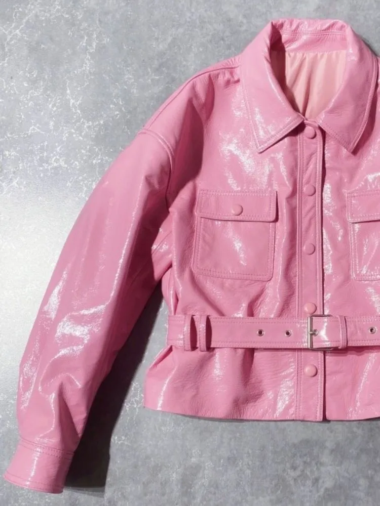 패션 여성 느슨한 양피 새시 싱글 브레스트 긴 소매 옷깃 솔리드 컬러 최고 품질 정품 가죽 짧은 재킷