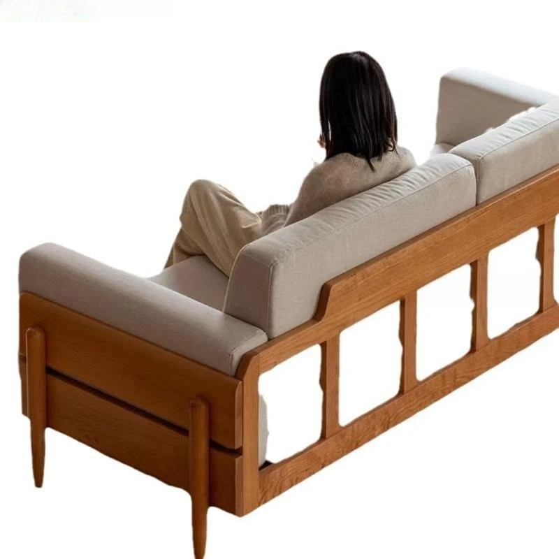 Black walnut all-solid wood sofa, simple cherry wood living room medieval three-person fabric sofa