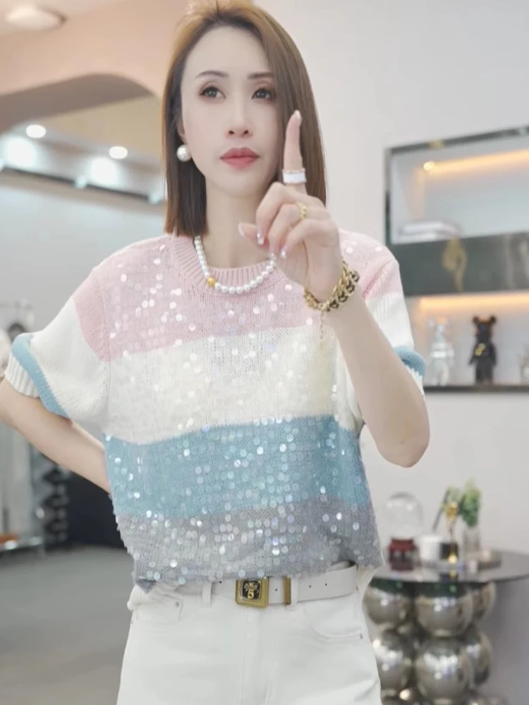 Ele Lavorato a maglia rotondo Ne ort Sve irt Soft iny Paillettes a righe Colore Blo Gentle Top Versatile Summer Faion Donna...
