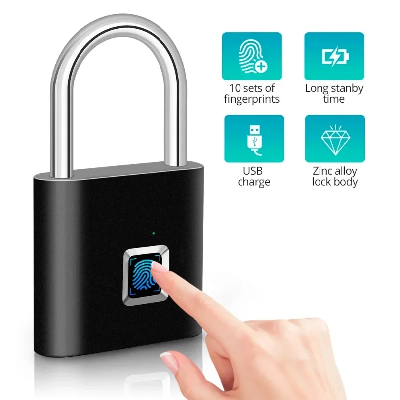 Smart Fingerprint Padlock Waterproof Fingerprint Keyless Door Lock Type C Rechargeable Security Padlock for House