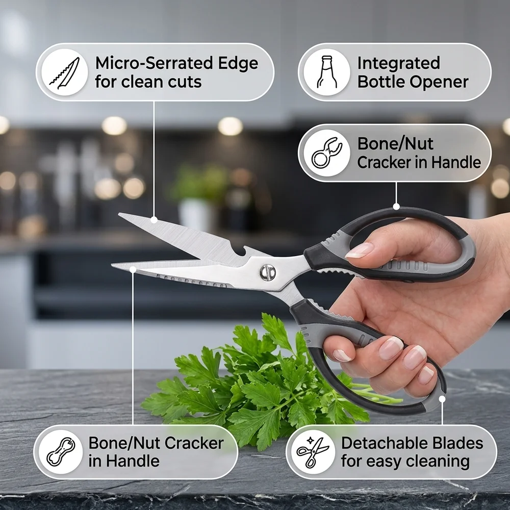 Hot Sale Household Stainless Steel Vegetables Bone Barbecue Clips Multi Separable Kitchen Scissors With Beer Opener Nutcracker