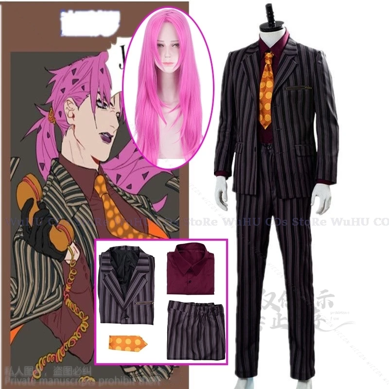 

Anime JO JO Adventure Golden Wind Diavolo Cosplay Costume Pink Wig Stripe Bizarre Coat Uniform Adult Man Carnival Halloween Suit