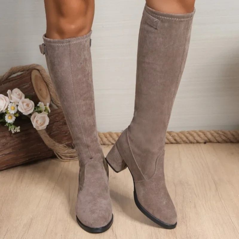 

Fashion Suede Women Mid Heels Knee Boots Designer Chunky 2025 Shoes New Buckle Dress Pumps Elegant Classical Cozy Zapatos Mujer