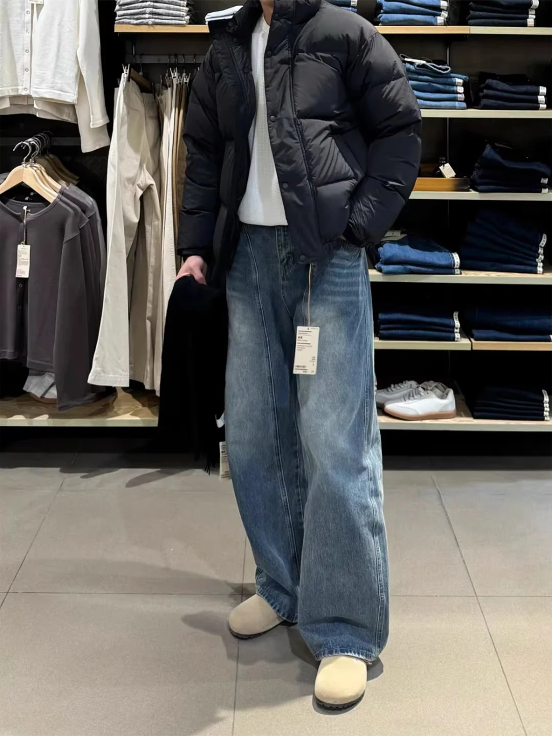 

Retro Blue Deconstructed Straight Leg Jeans Men's Autumn Winter Youth Wide Leg Pants High Waist Drapey Loose Fit Long Trousers