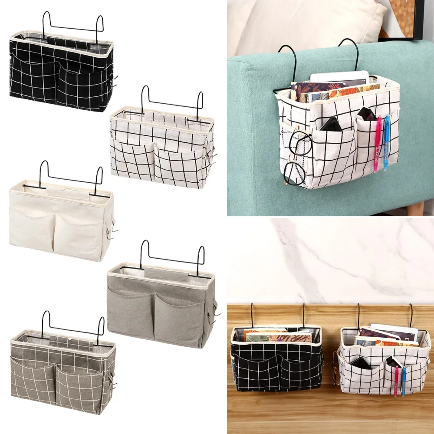 Canvas Bedside Hanging Organizer with Pockets for Cabin Shelf Bunks - Single Piece, Couch Side Pouch Hook Holder Gadget Hanger