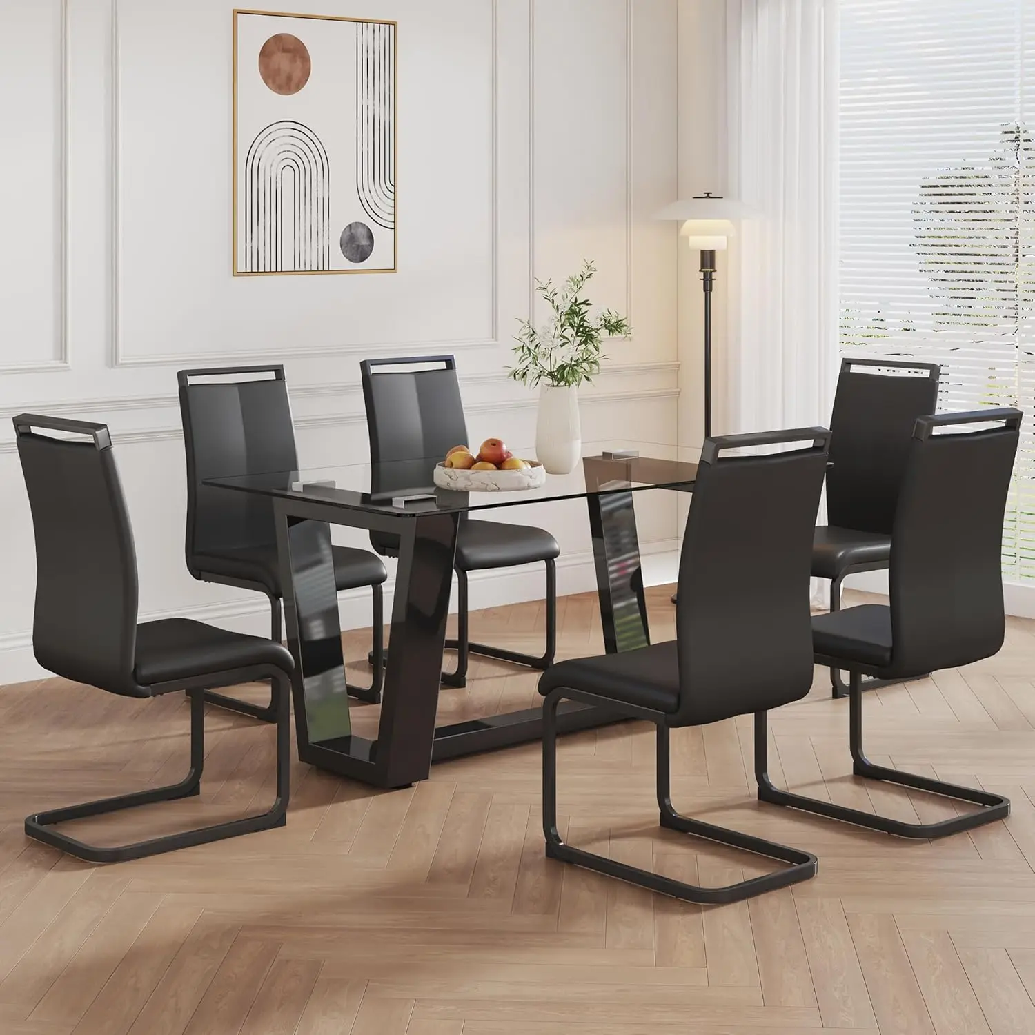 

Customizable 63" Set for 6,Dinner Table Set for 6,Glass Top Dining Room Table &6 PU Leather Chairs