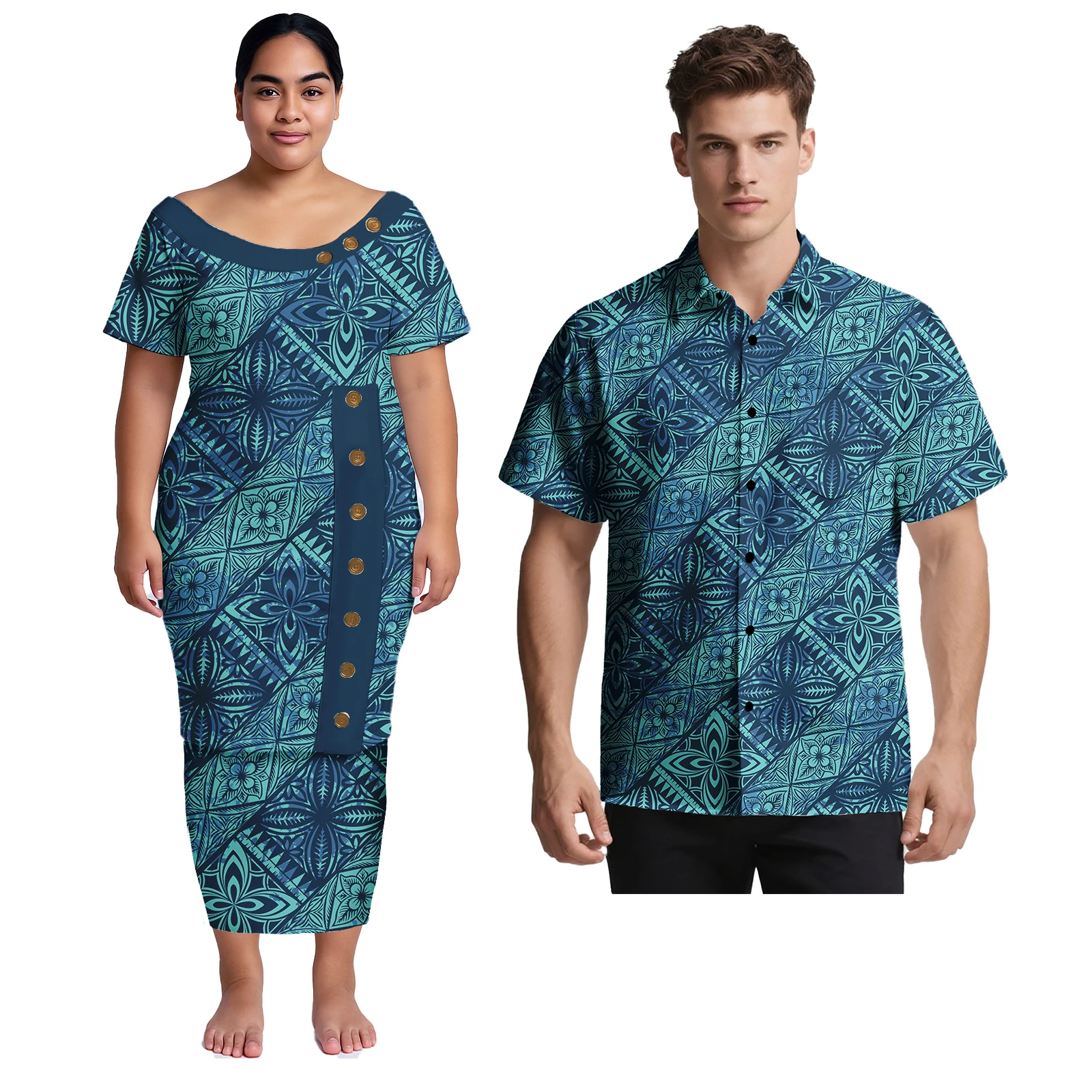 Coppia di abbigliamento polinesiano Abito da sera da donna Abito tribale samoano Abiti da donna Puletasi e camicie Aloha