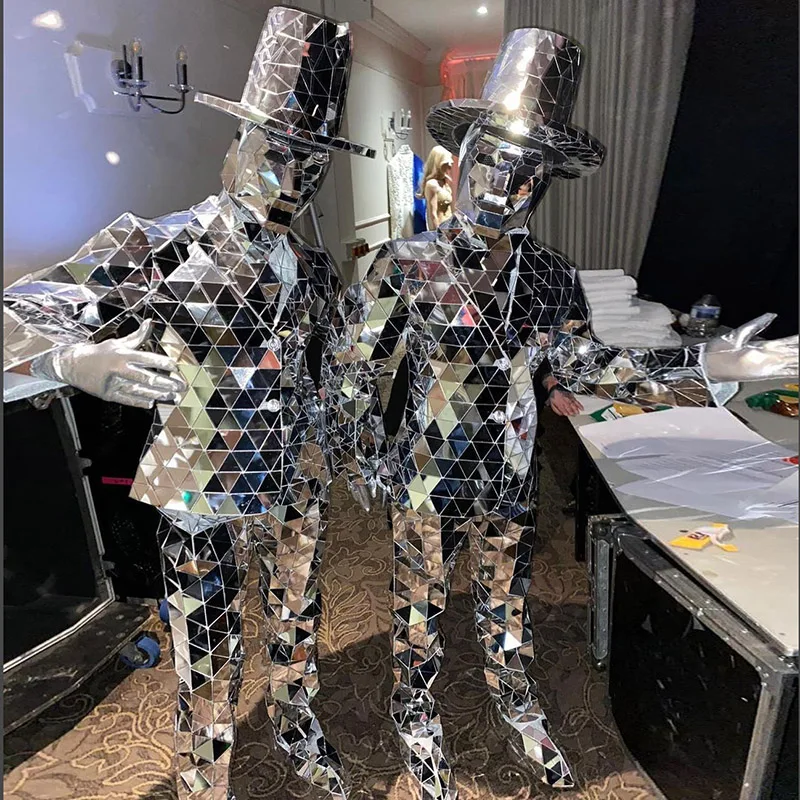 Abito da spettacolo teatrale da uomo con specchio cucito a mano, maschera di vetro di Halloween, costume da spettacolo di danza moderna