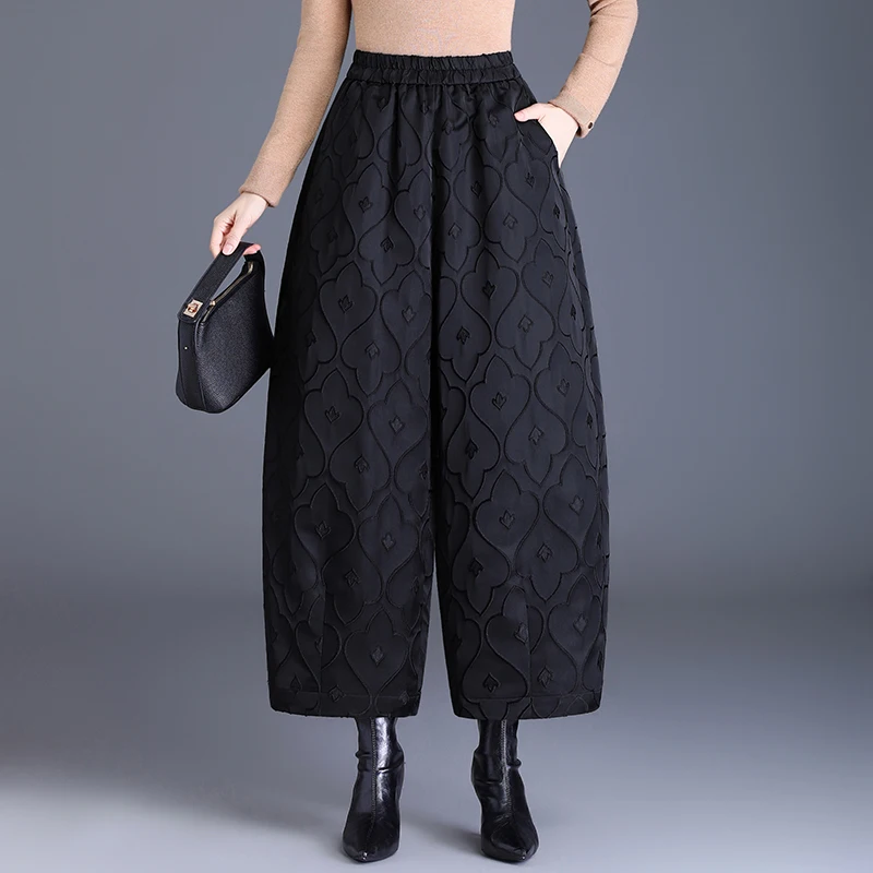 Chinese Style Embossed Flower Wide Leg Pants Women's Autumn Winter New Warm Cotton Casual Nine Points Bloom Pants