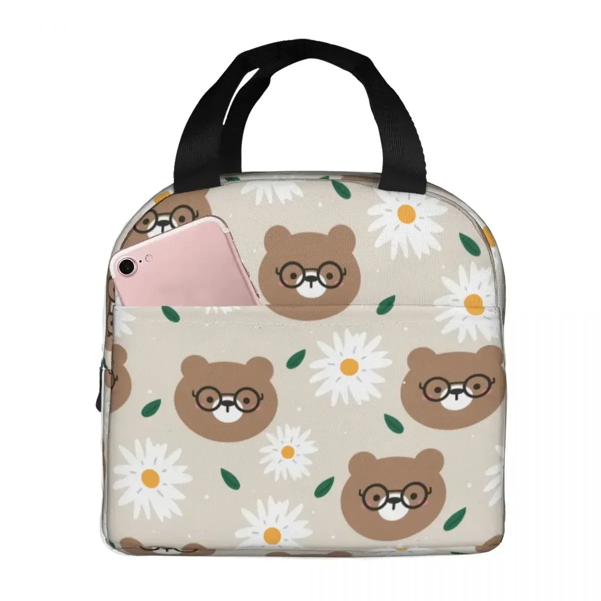 Bear Flower Lunch Bag Portable Insulated Oxford Cooler Bag Cute Animal Thermal Picnic Work Lunch Box for Women Girl