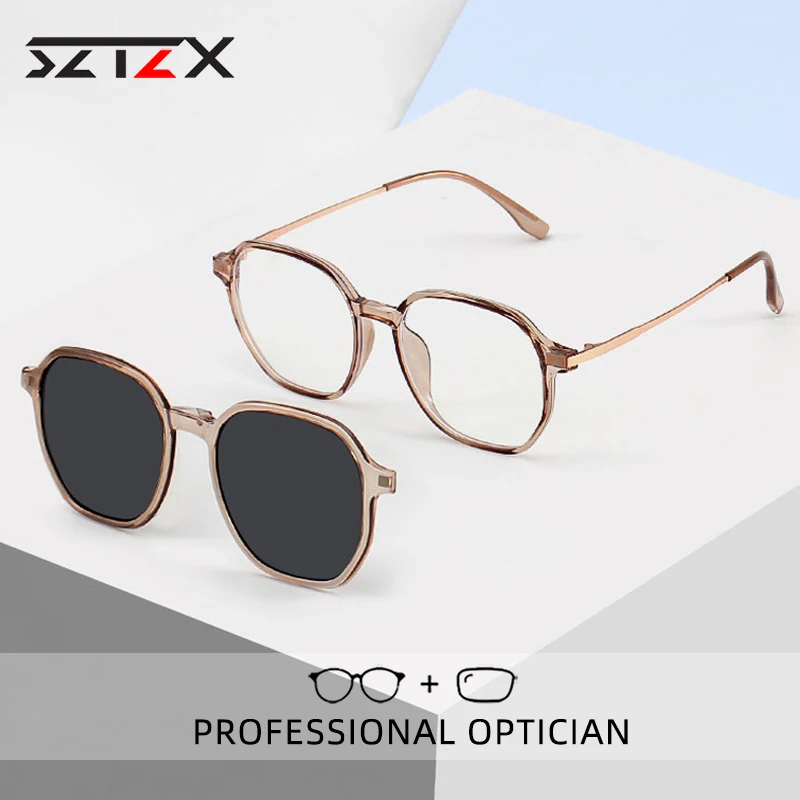 

SZTZX Trendy Magnet Clip On Reading Glasses Women Anti-Blue Light Myopic Hyperopia Prescription Glasses Men Polarized Sunglasses