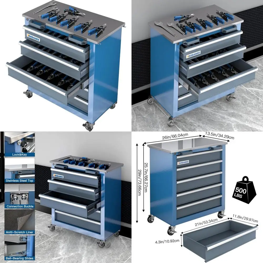 Kabinet Perkakas Portabel dengan 5 Laci, Baja Tahan Karat, Mekanisme Pengunci, dan Alas Kaki