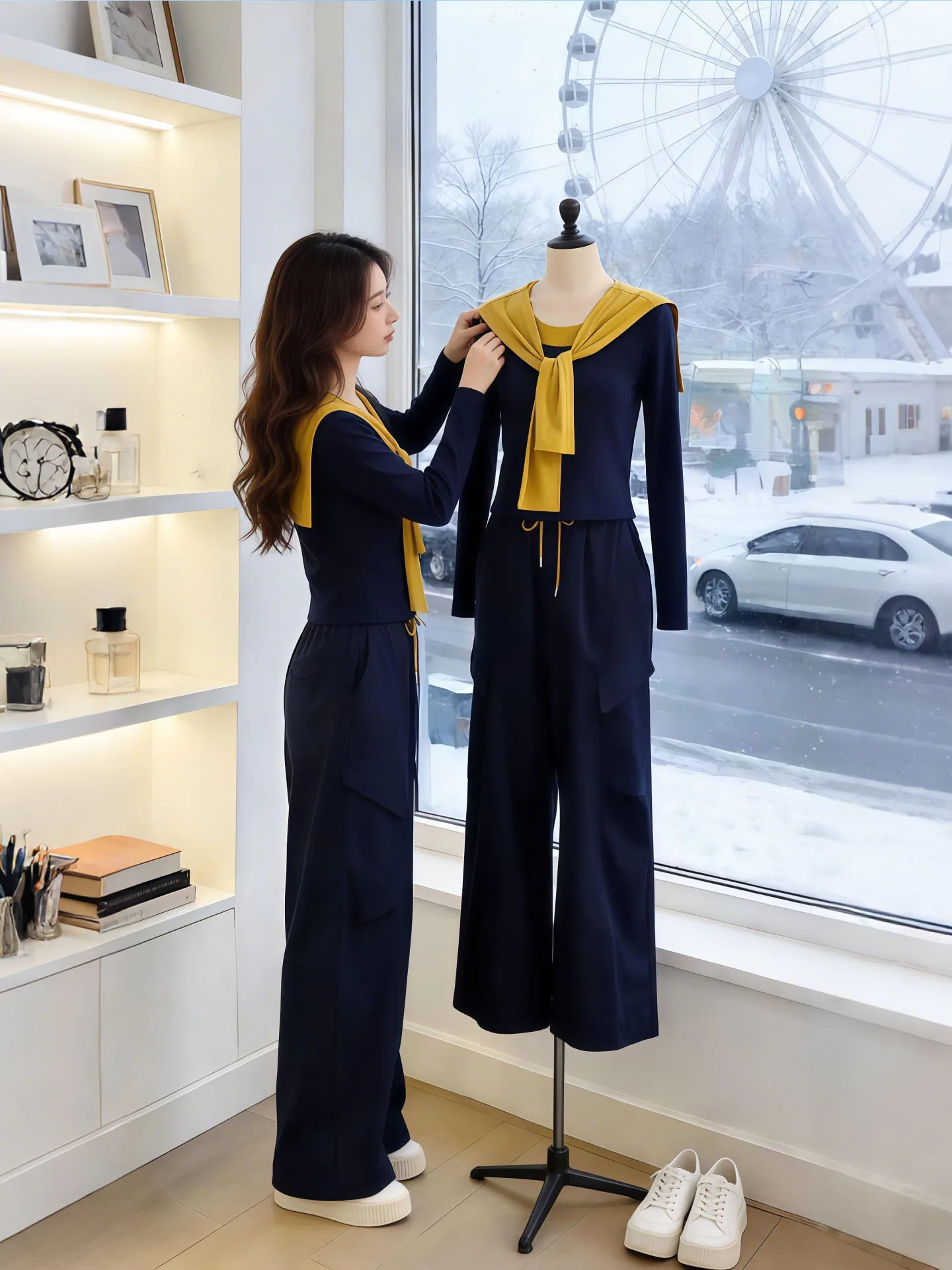 

Chic Color Block Women's Fashion Set Long Sleeve round Neck Wide Leg Pants Spring Autumn Commute Style Two-Piece Suit Trendy
