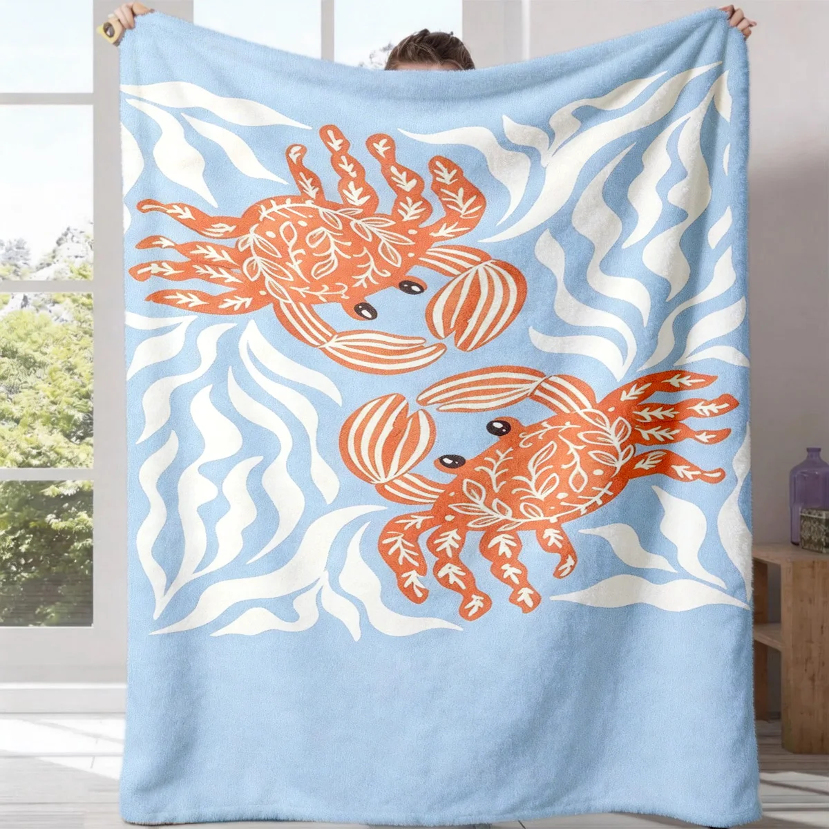 1pc 2D Flat Light Blue Patterned Crab Wave Ocean Simple Hand-Painted Digital Print Flannel Blanket - 100% Polyester Fiber, Suita
