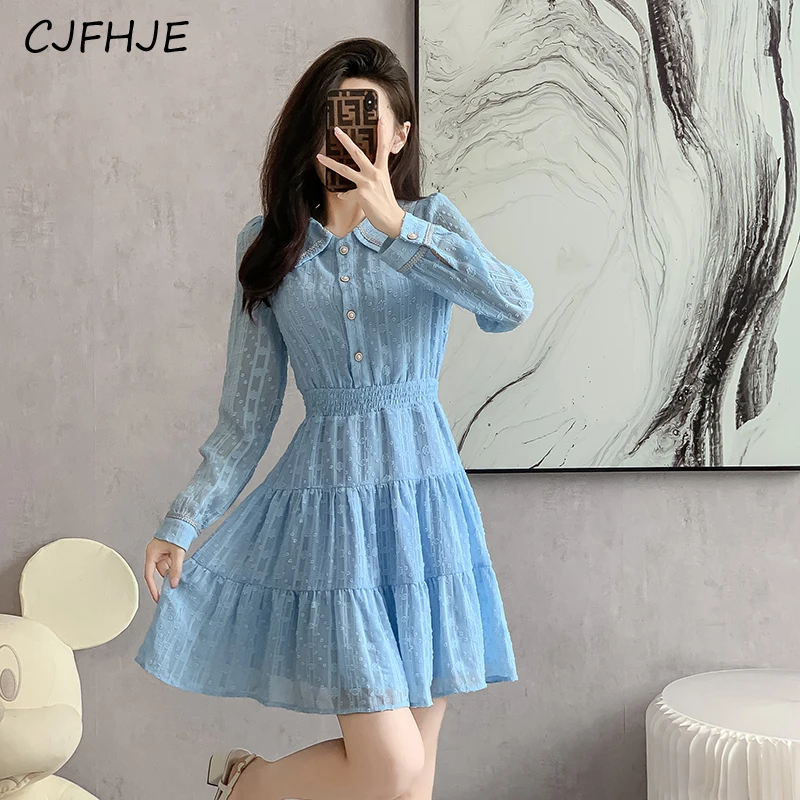 CJFHJE Spring New Gentle Style Blue Single Breasted Women's Mini Dress Korean Fashion Versatile Long Sleeved Women Chiffon Dress